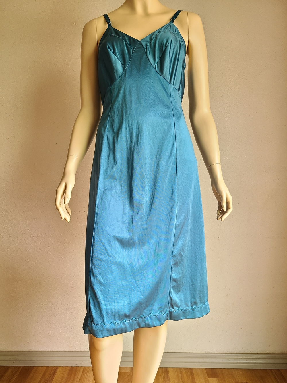 Sears Teal Blue Midi Vintage Slip Dress with Adjustable Straps